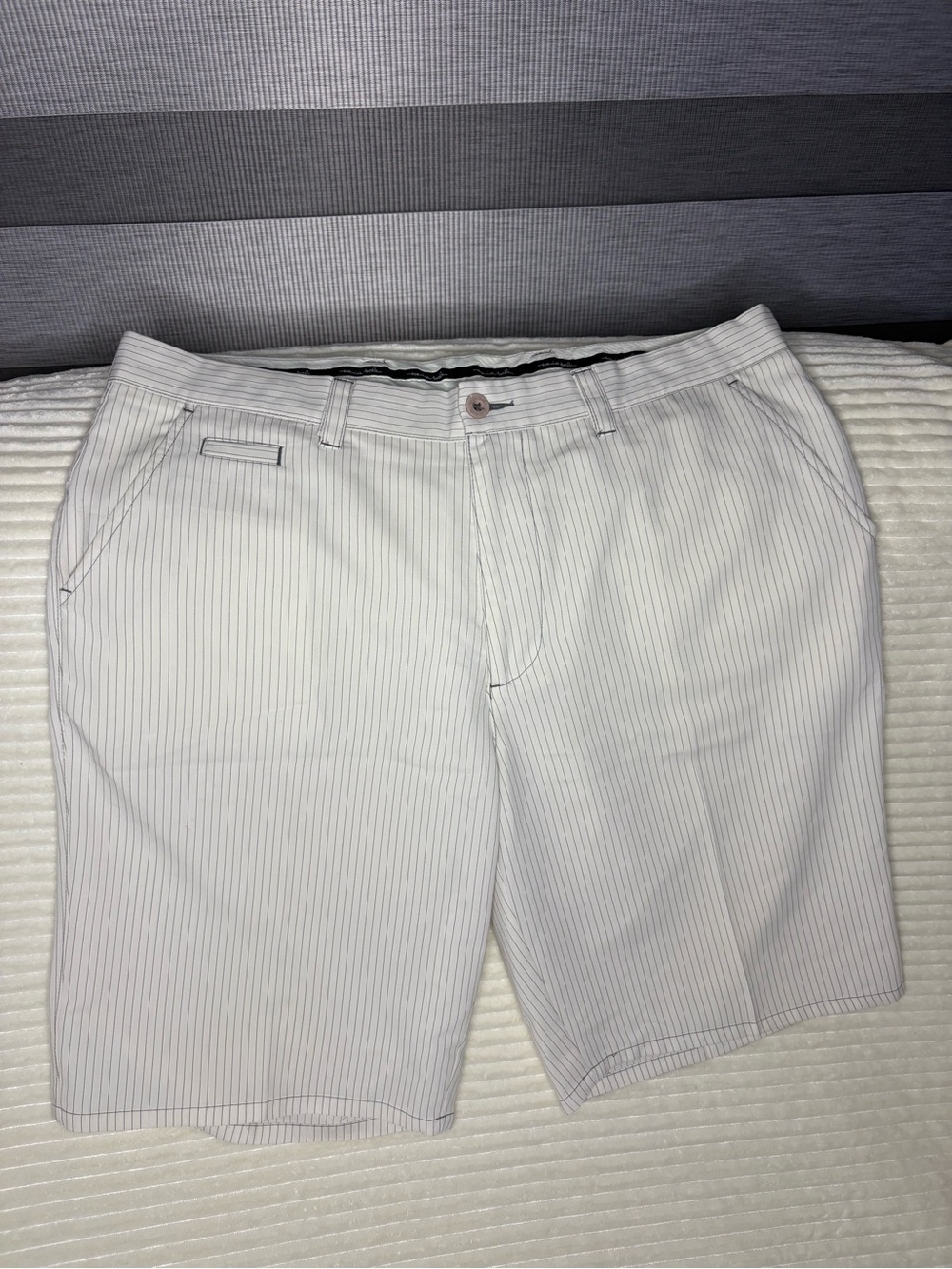 TravisMathew Men's White Shorts with Light Gray Pinstripes